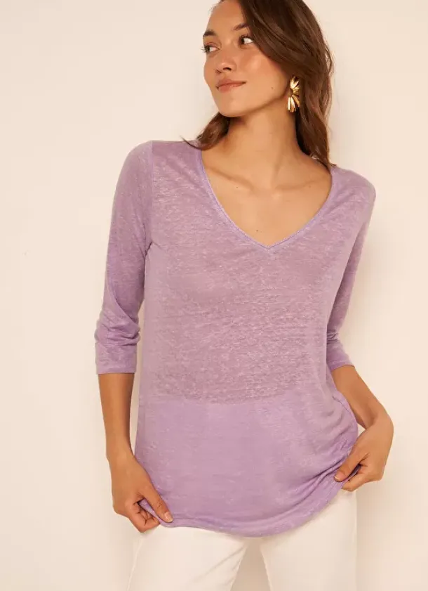 Sud Express T-Shirts|T-Shirt En Lin A Manches 3/4 Et Col V Parme Tomeoh