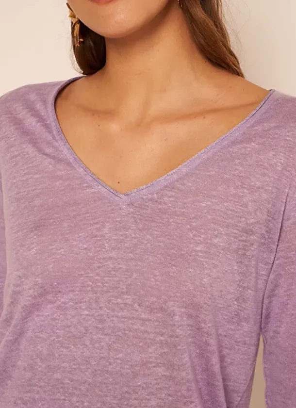 Sud Express T-Shirts|T-Shirt En Lin A Manches 3/4 Et Col V Parme Tomeoh
