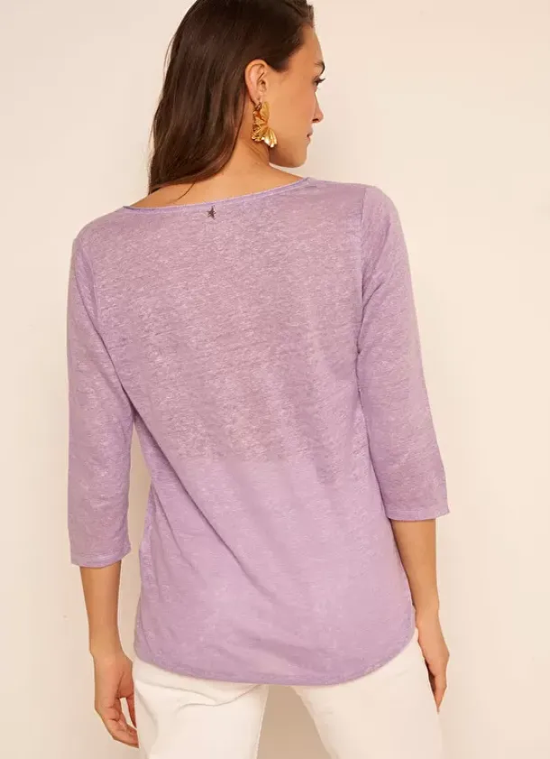 Sud Express T-Shirts|T-Shirt En Lin A Manches 3/4 Et Col V Parme Tomeoh