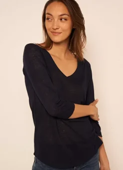 Sud Express T-Shirts|T-Shirt En Lin A Manches 3/4 Et Col V Marine Tomeoh