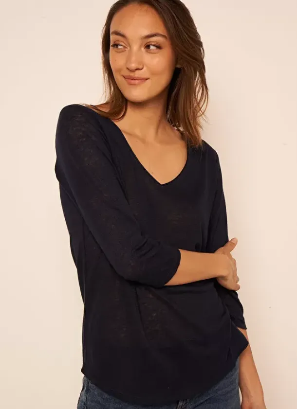 Sud Express T-Shirts|T-Shirt En Lin A Manches 3/4 Et Col V Marine Tomeoh