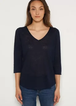 Sud Express T-Shirts|T-Shirt En Lin A Manches 3/4 Et Col V Marine Tomeoh