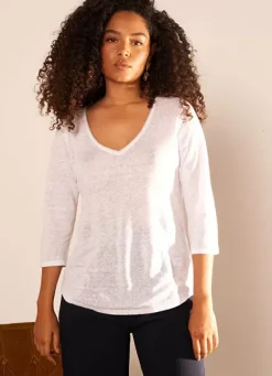 Sud Express T-Shirts|T-Shirt En Lin A Manches 3/4 Et Col V Blanc Tomeoh