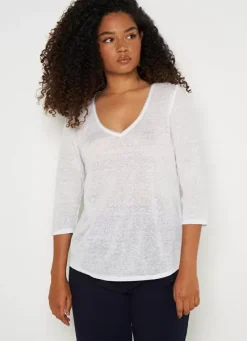 Sud Express T-Shirts|T-Shirt En Lin A Manches 3/4 Et Col V Blanc Tomeoh