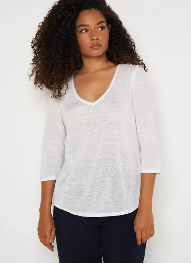 Sud Express T-Shirts|T-Shirt En Lin A Manches 3/4 Et Col V Blanc Tomeoh