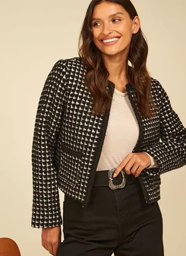 Sud Express Jackets & Coats|Veste En Tweed Bi Colore Noir Valou